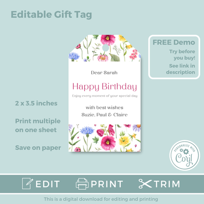 Editable Birthday Gift Tag - Floral