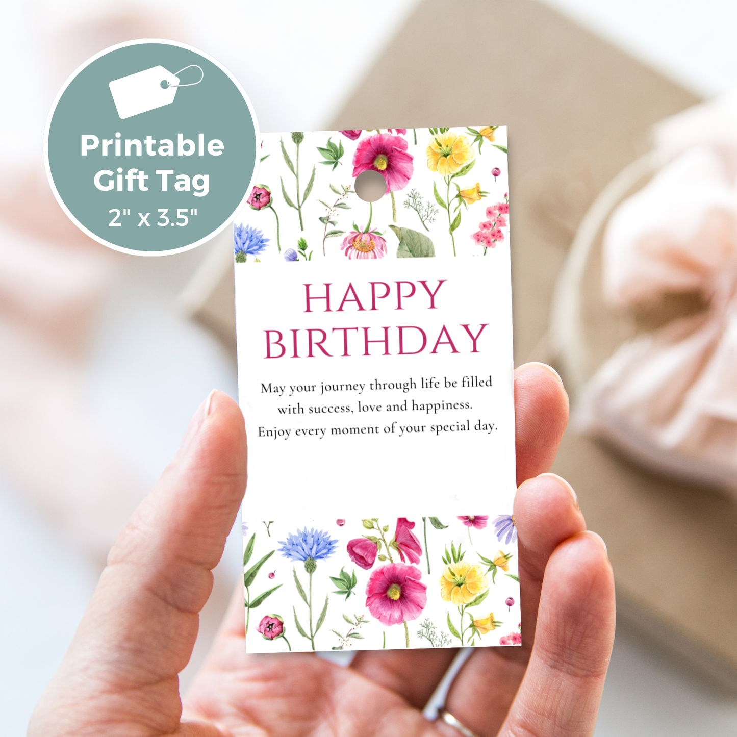 Printable Birthday Gift Tag - Pink Flowers