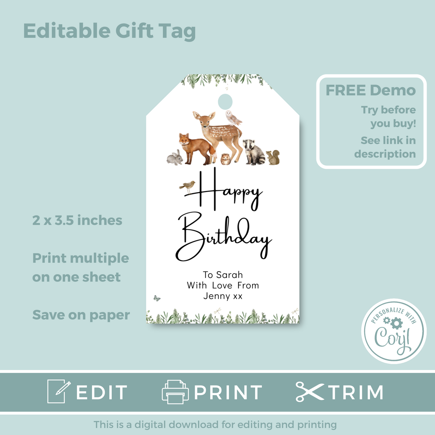 Editable Birthday Gift Tag - Woodland Animal