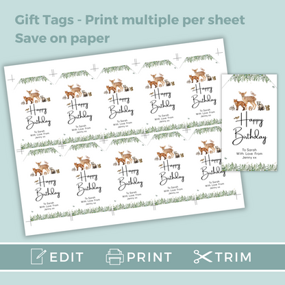 Editable Birthday Gift Tag - Woodland Animal