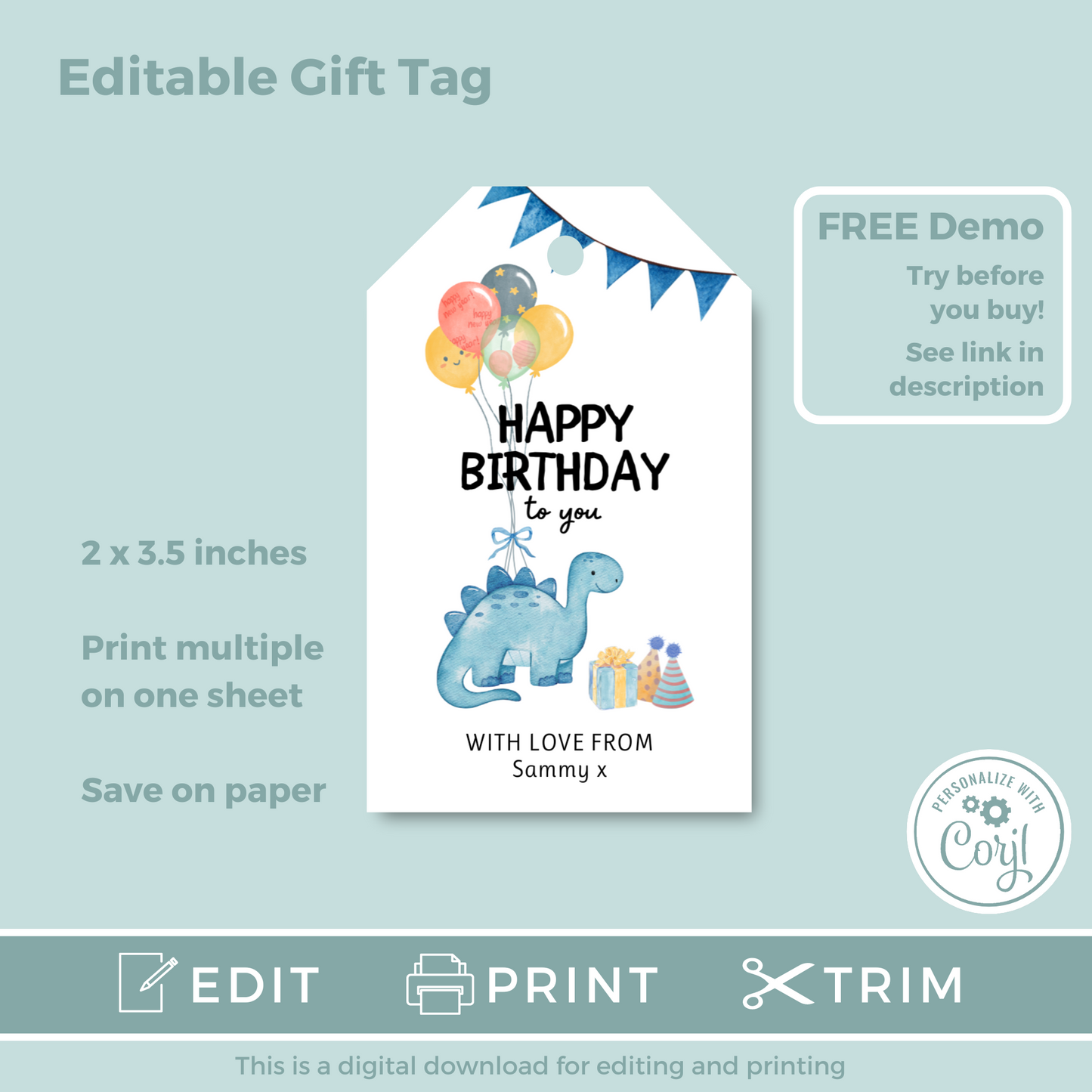 Editable Birthday Gift Tag - Dinosaur