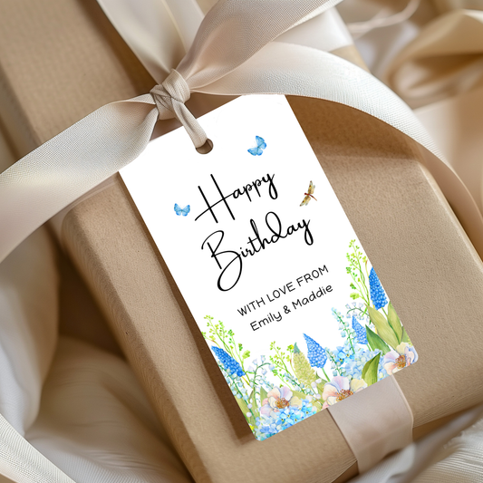 Editable Birthday Gift Tag - Blue Flowers