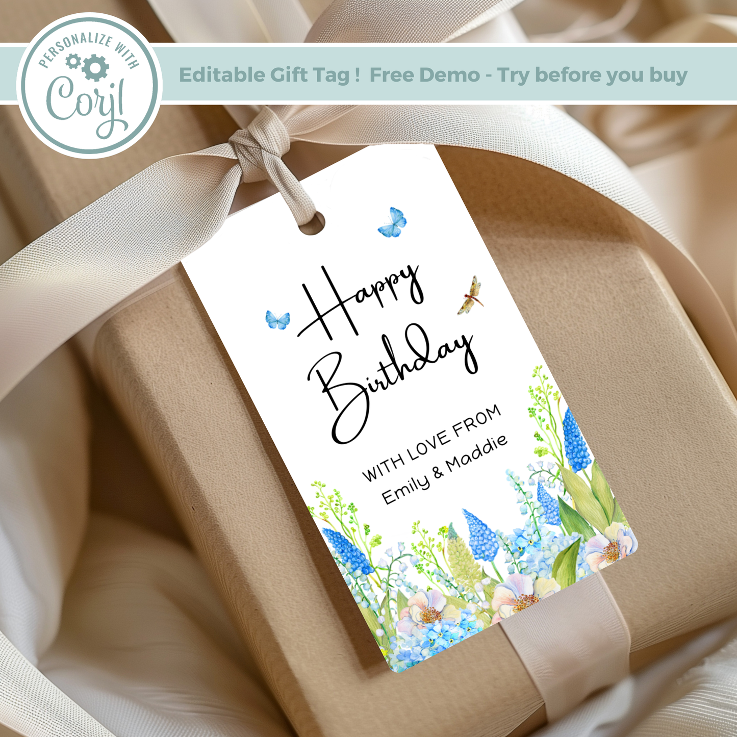 Editable Birthday Gift Tag - Blue Flowers