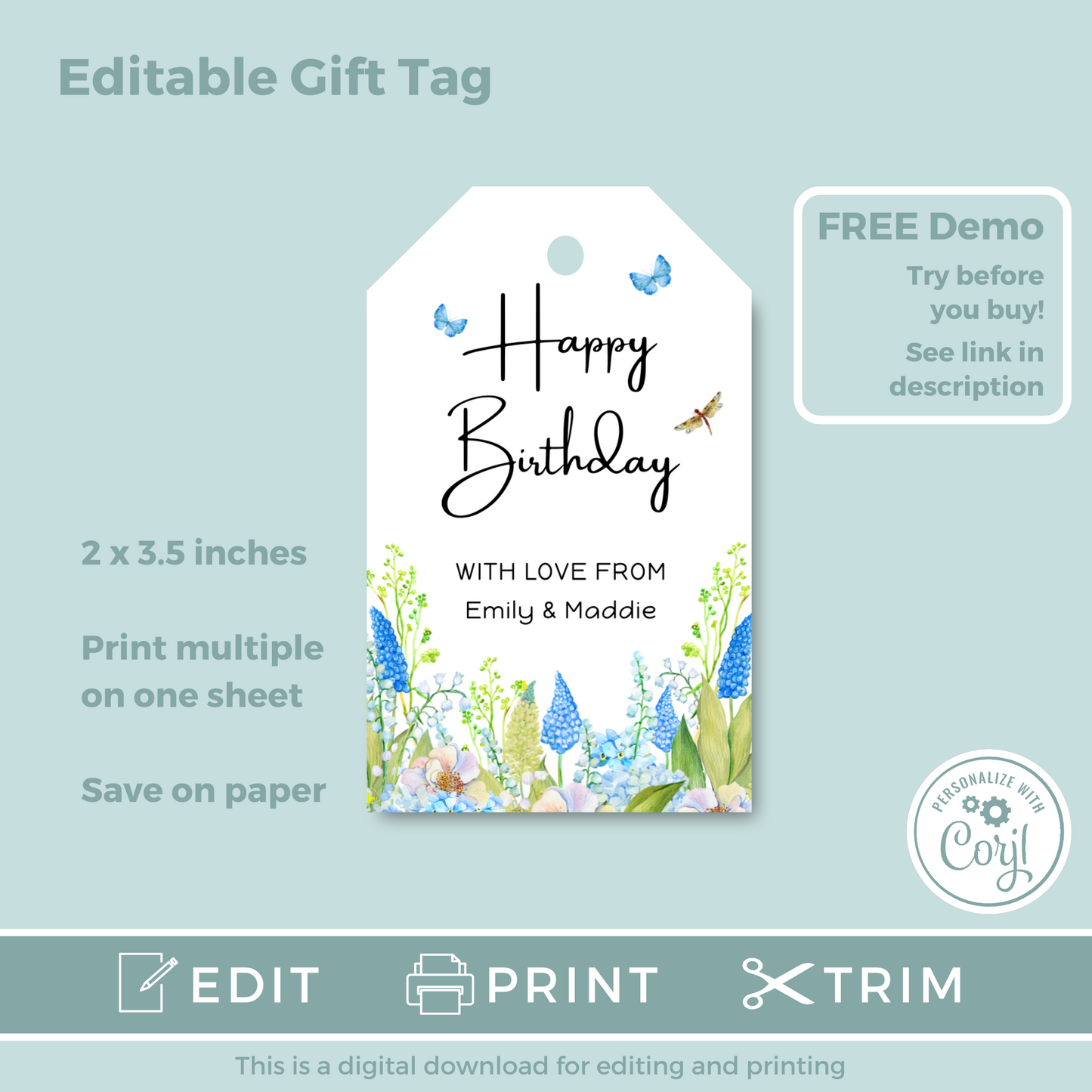 Editable Birthday Gift Tag - Blue Flowers