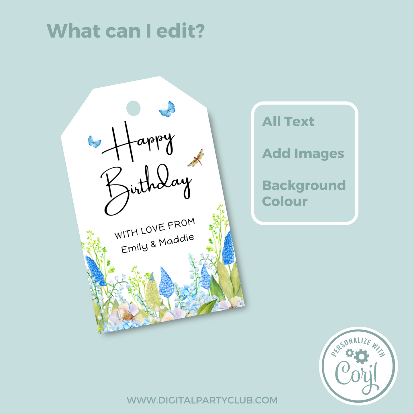 Editable Birthday Gift Tag - Blue Flowers