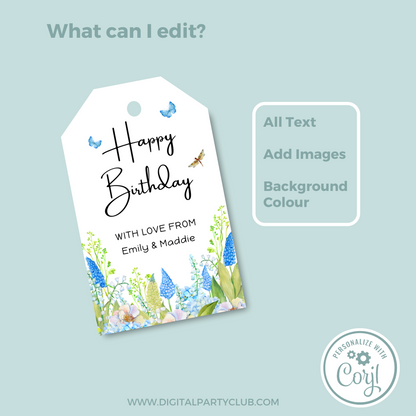 Editable Birthday Gift Tag - Blue Flowers