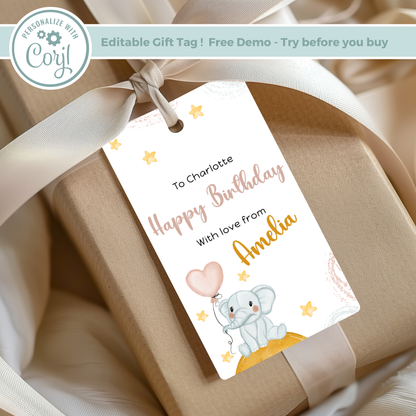 Editable Birthday Gift Tag - Baby Elephant