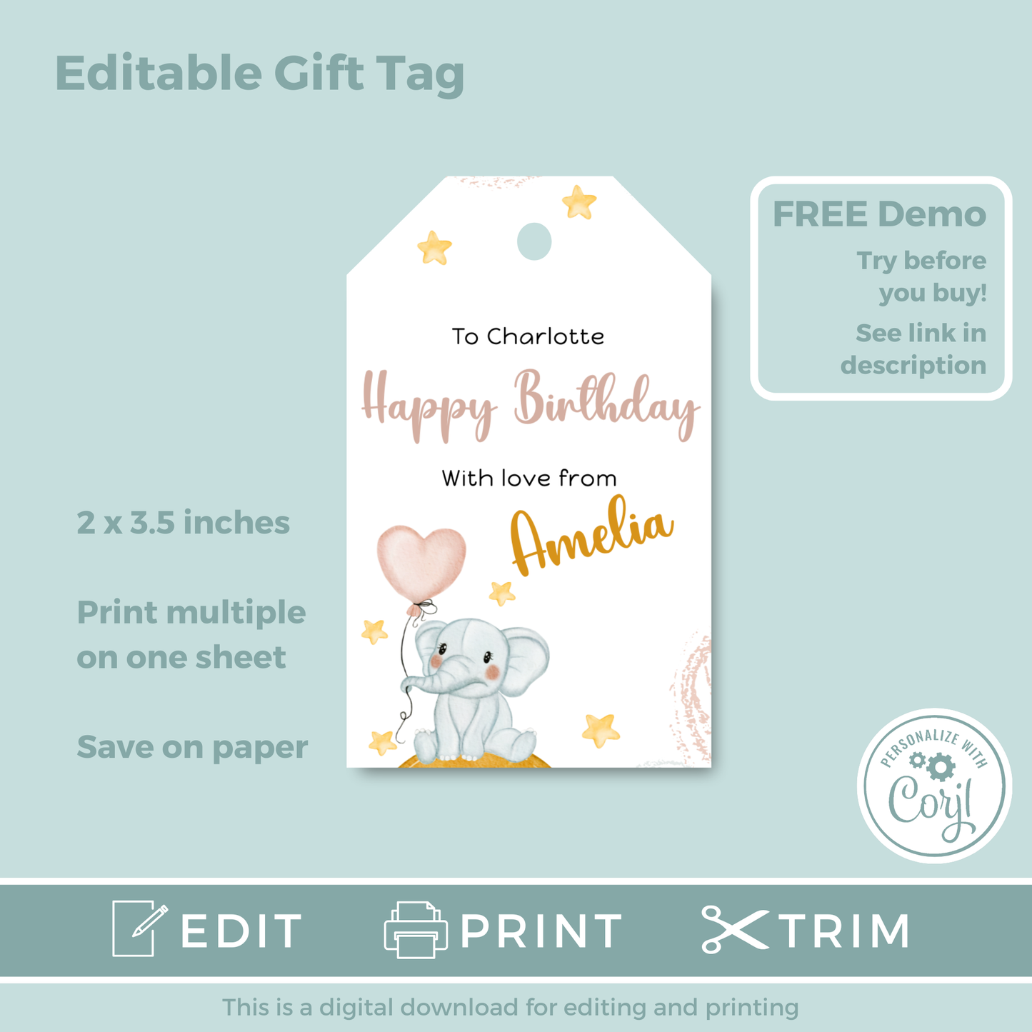 Editable Birthday Gift Tag - Baby Elephant