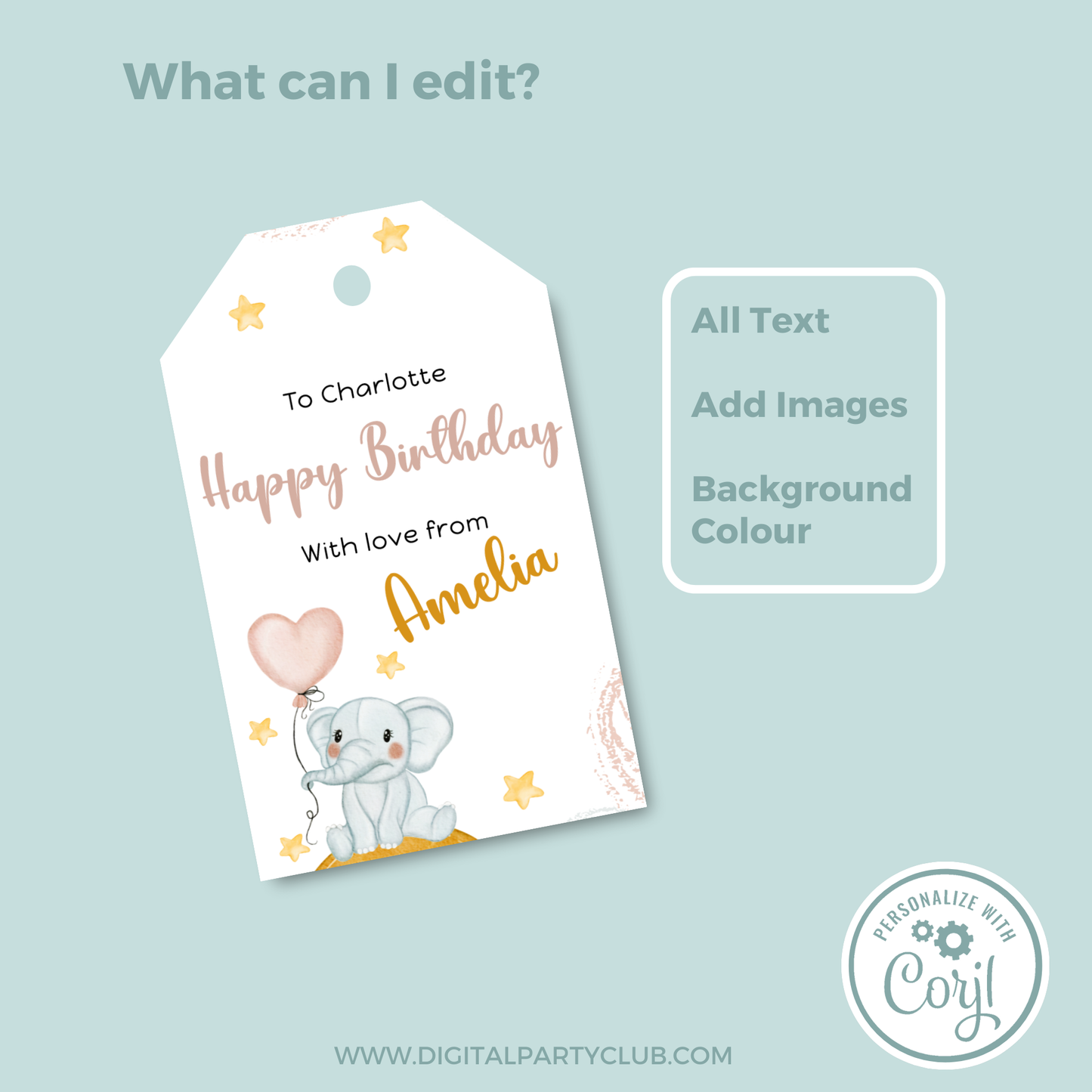 Editable Birthday Gift Tag - Baby Elephant