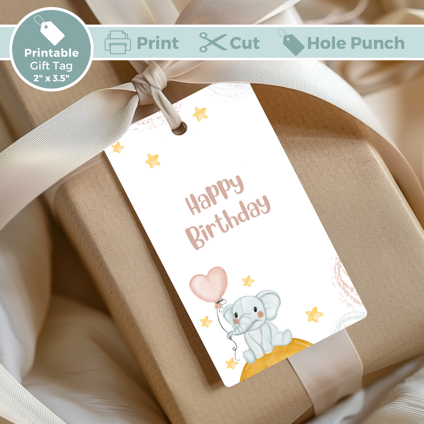 Printable Birthday Gift Tag - Elephant