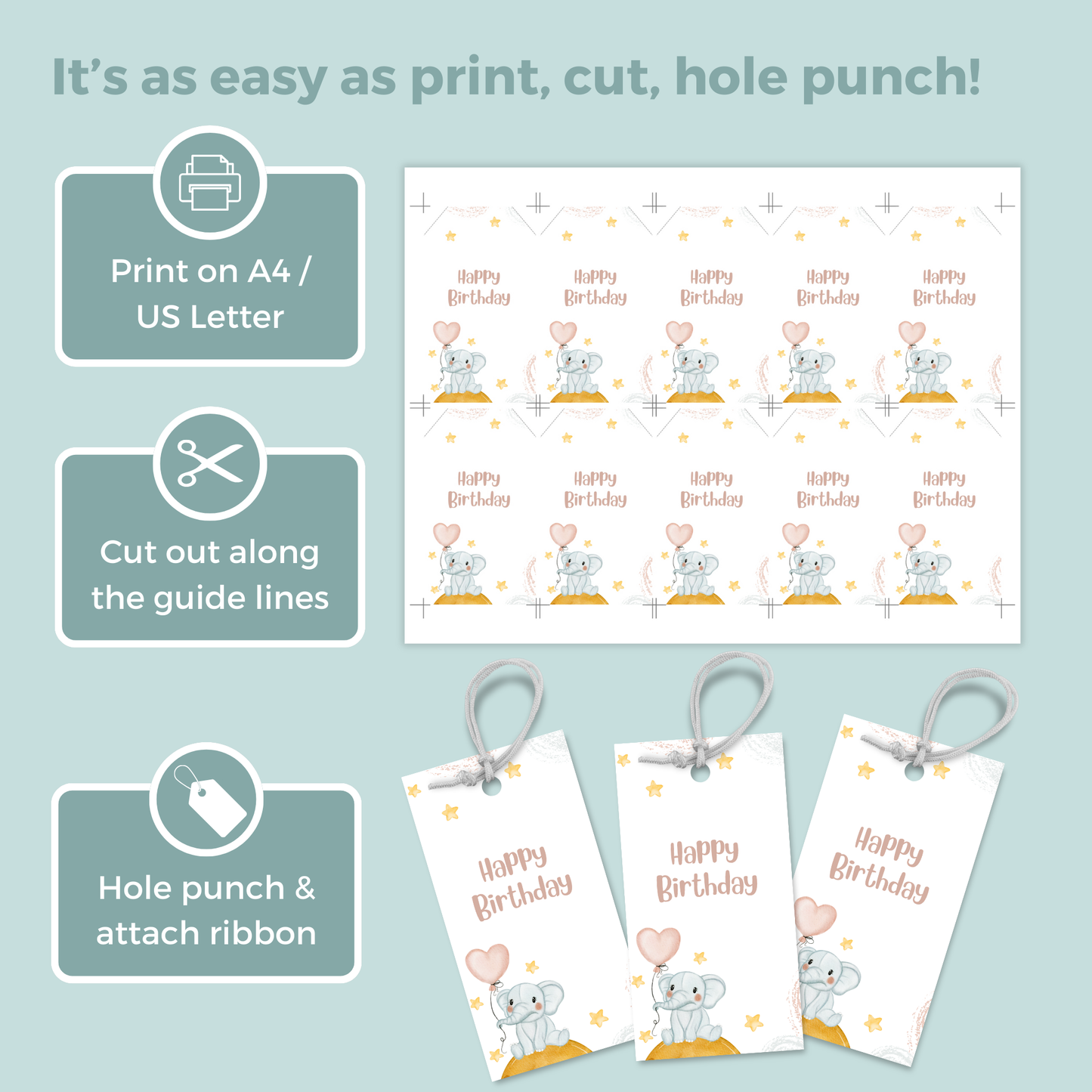 Printable Birthday Gift Tag - Elephant