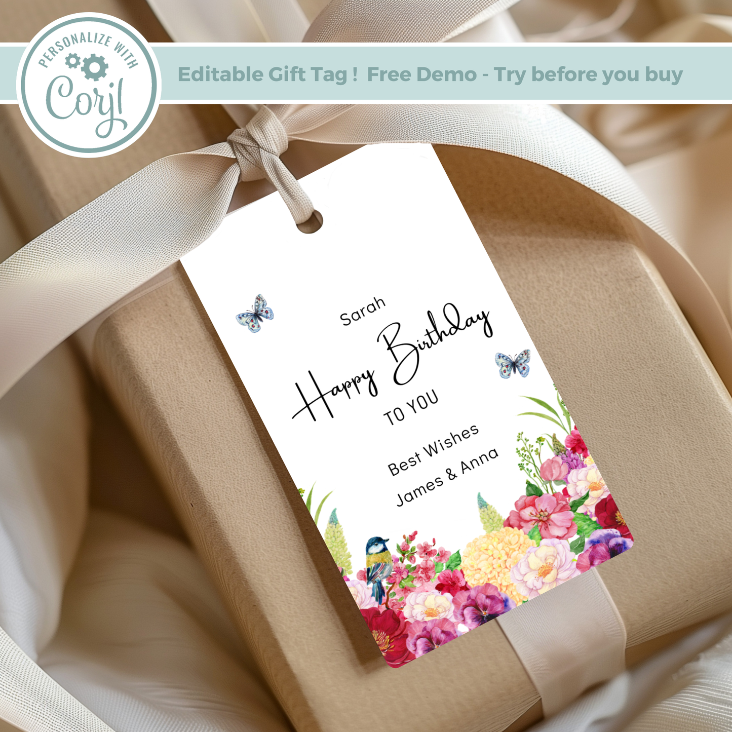 Editable Birthday Gift Tag - Floral