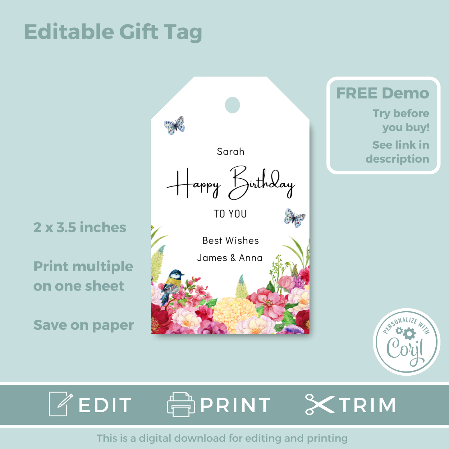 Editable Birthday Gift Tag - Floral