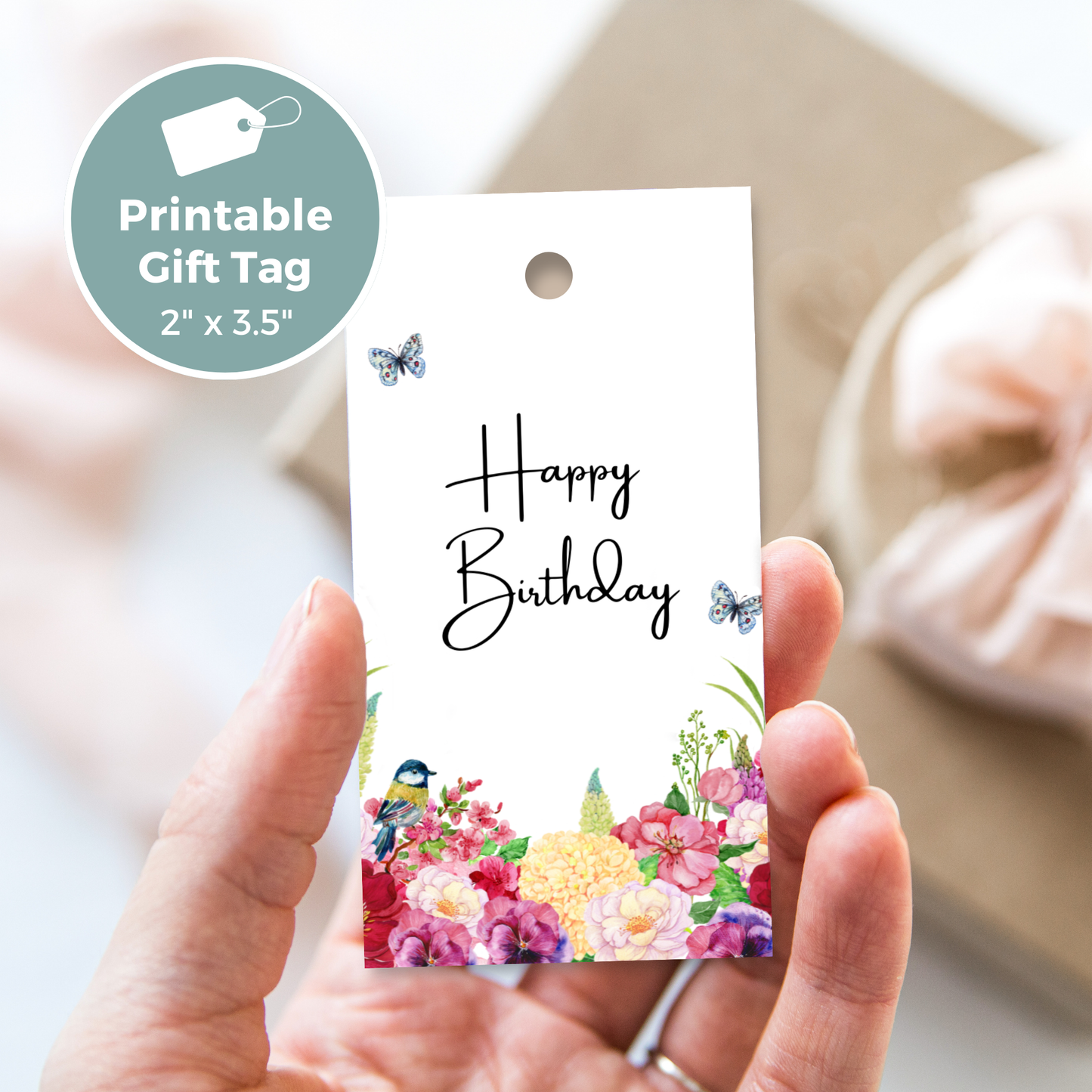 Printable Birthday Gift Tag - Pink Red Flowers