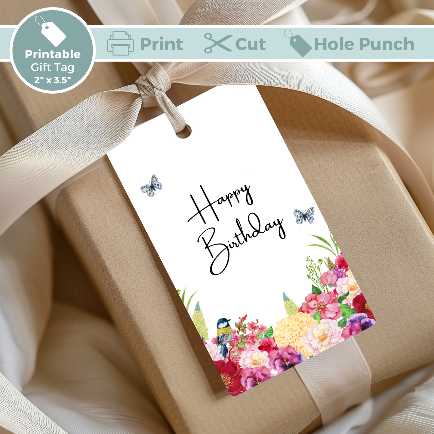 Printable Birthday Gift Tag - Pink Red Flowers