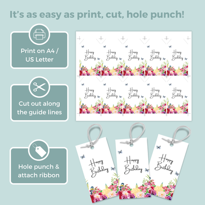 Printable Birthday Gift Tag - Pink Red Flowers