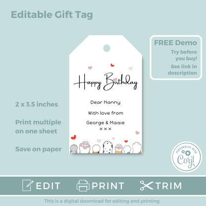 Editable Birthday Gift Tag - Cute Kitty