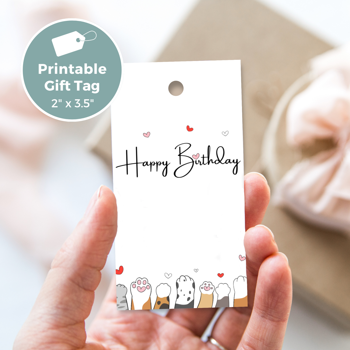 Printable Birthday Gift Tag - Cute Cat Paws