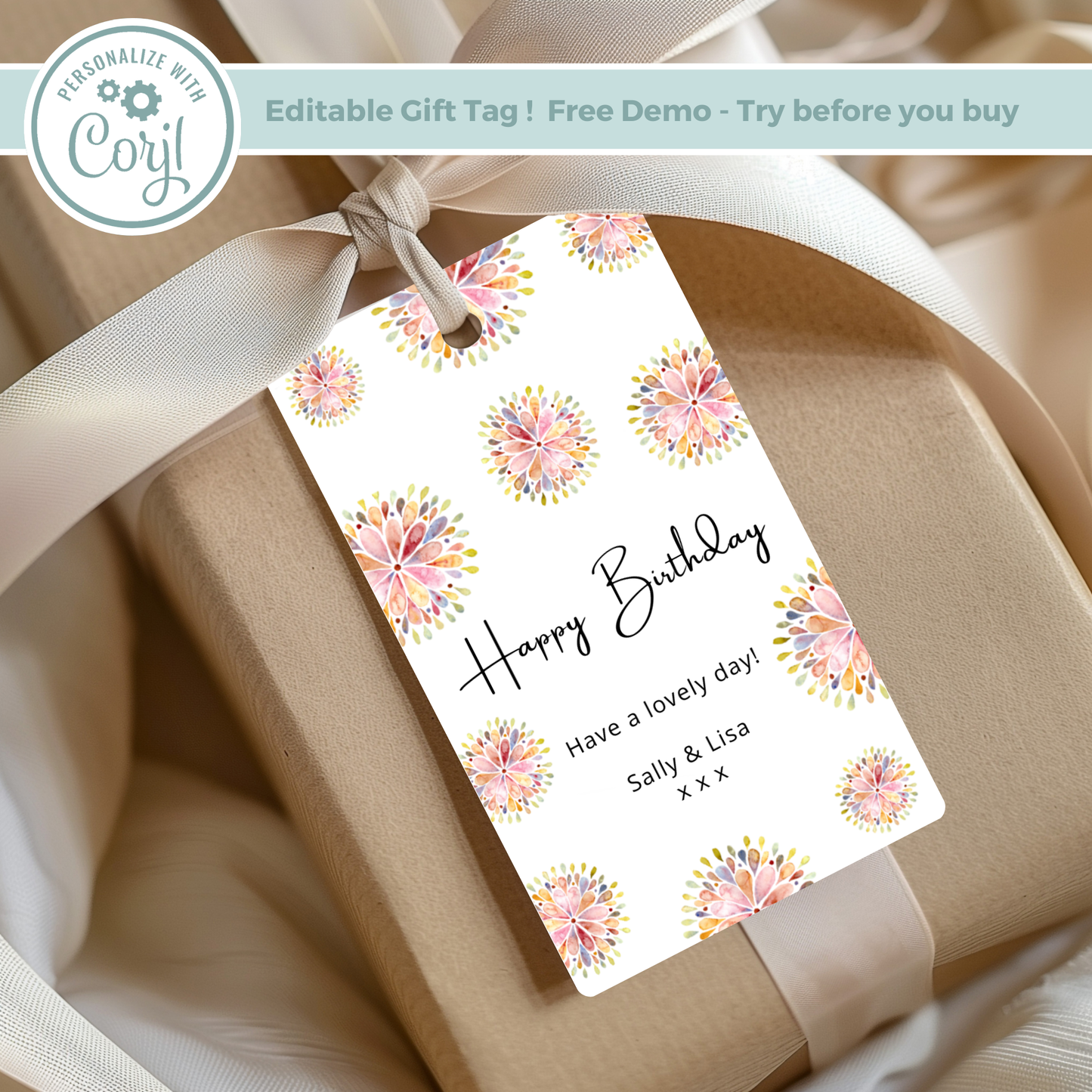 Editable Birthday Gift Tag - Pink Floral