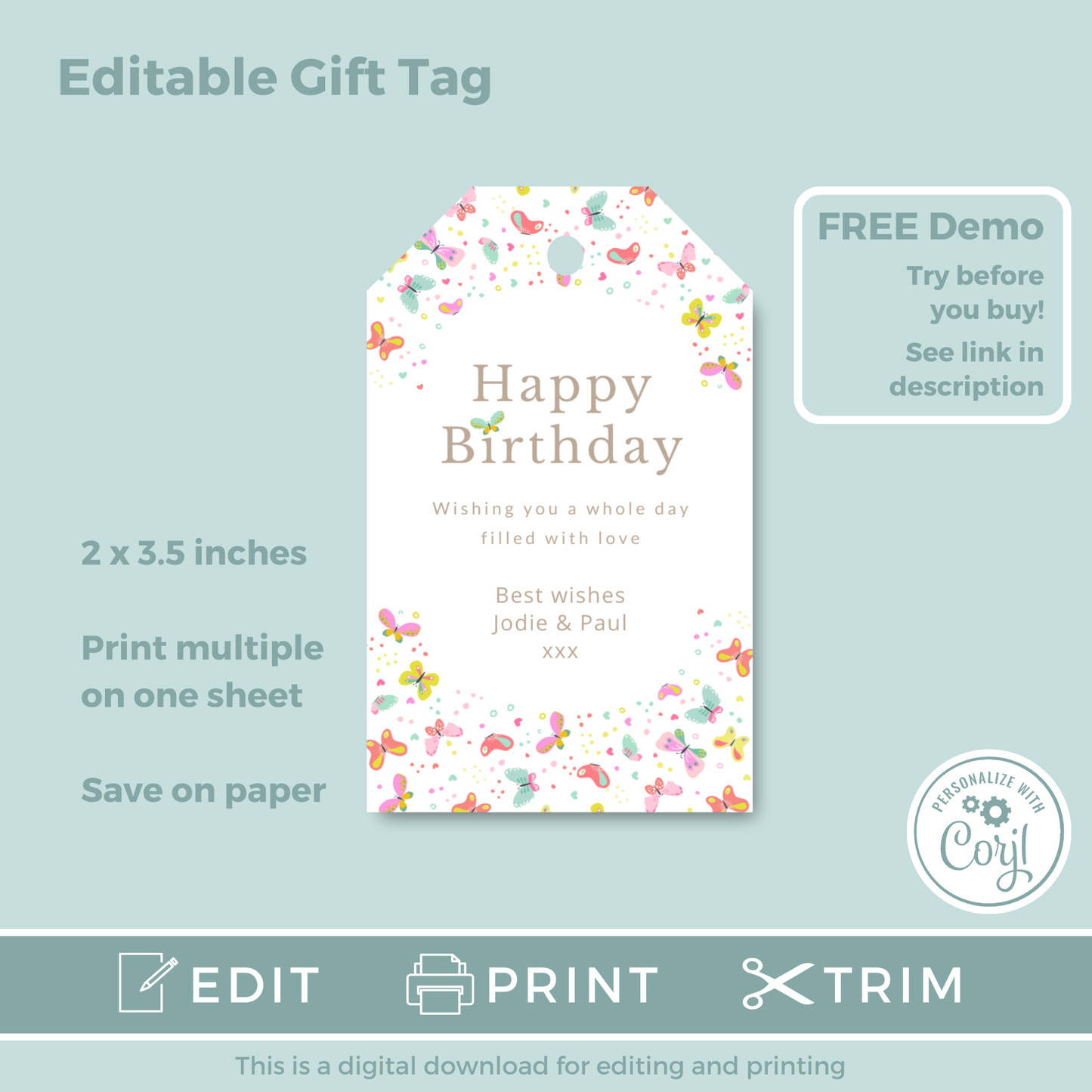 Editable Birthday Gift Tag - Butterflies