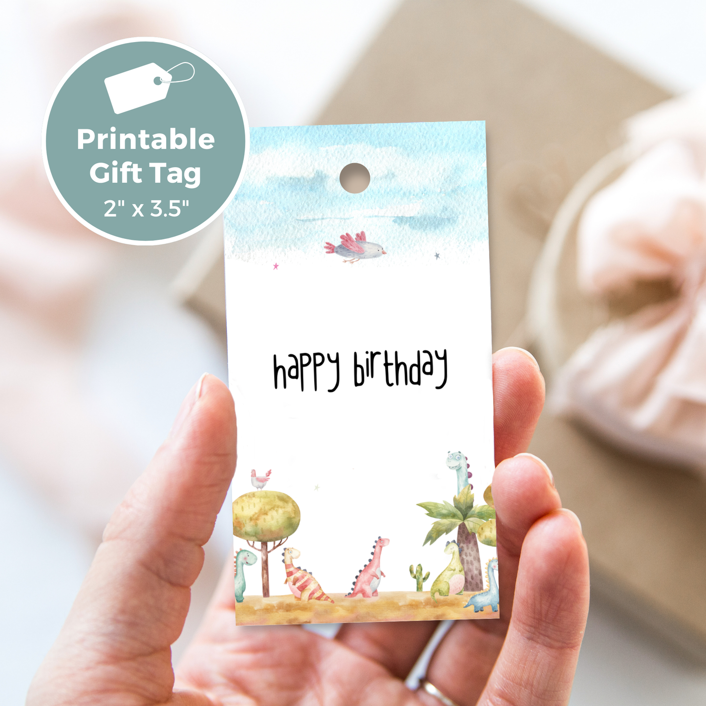 Printable Birthday Gift Tag - Watercolour Dinosaur