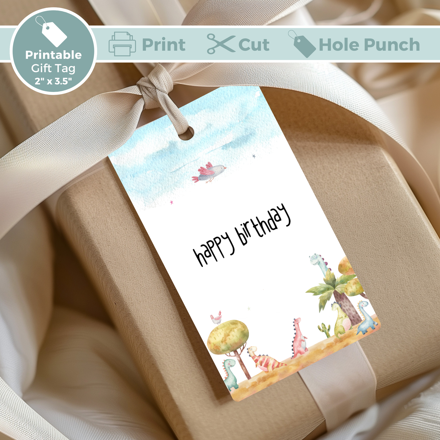 Printable Birthday Gift Tag - Watercolour Dinosaur