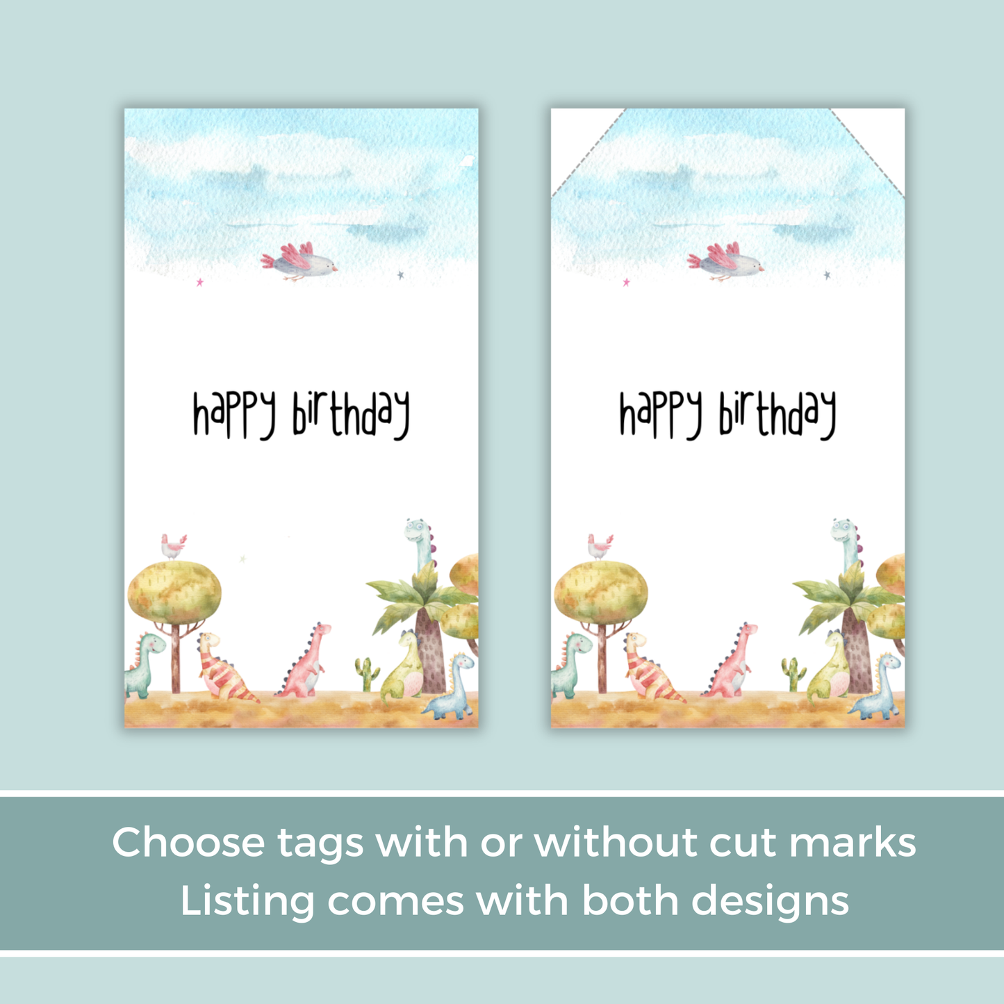 Printable Birthday Gift Tag - Watercolour Dinosaur