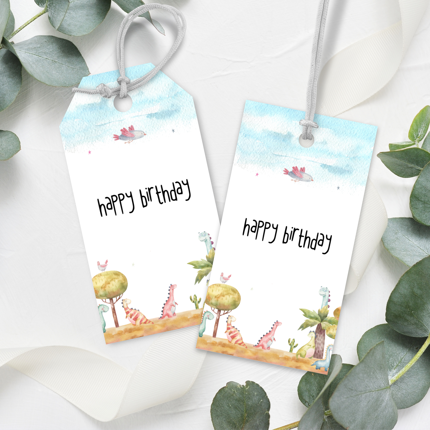 Printable Birthday Gift Tag - Watercolour Dinosaur