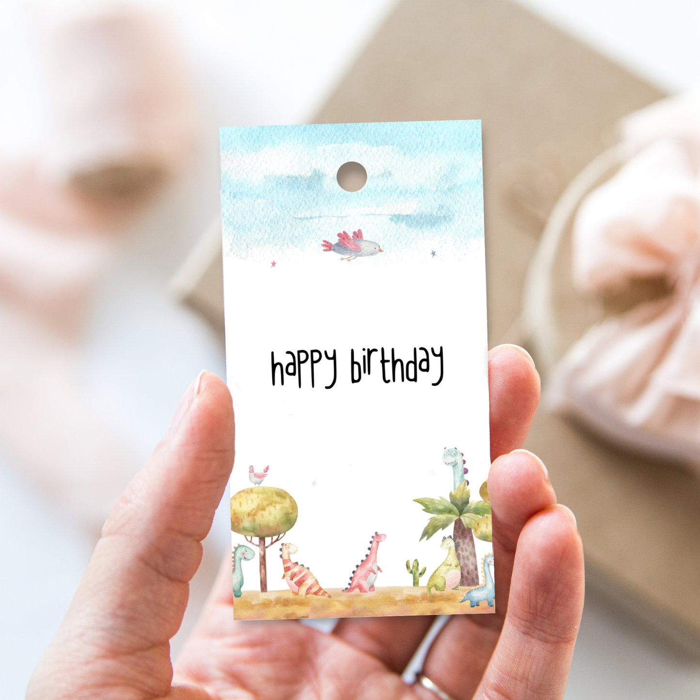 Printable Birthday Gift Tag - Watercolour Dinosaur