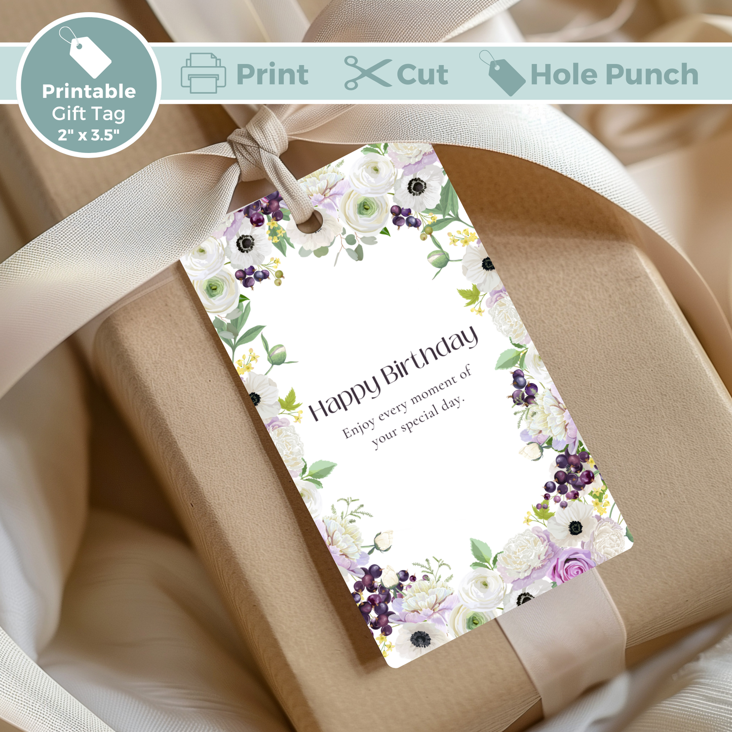 Printable Birthday Gift Tag - Purple Flowers