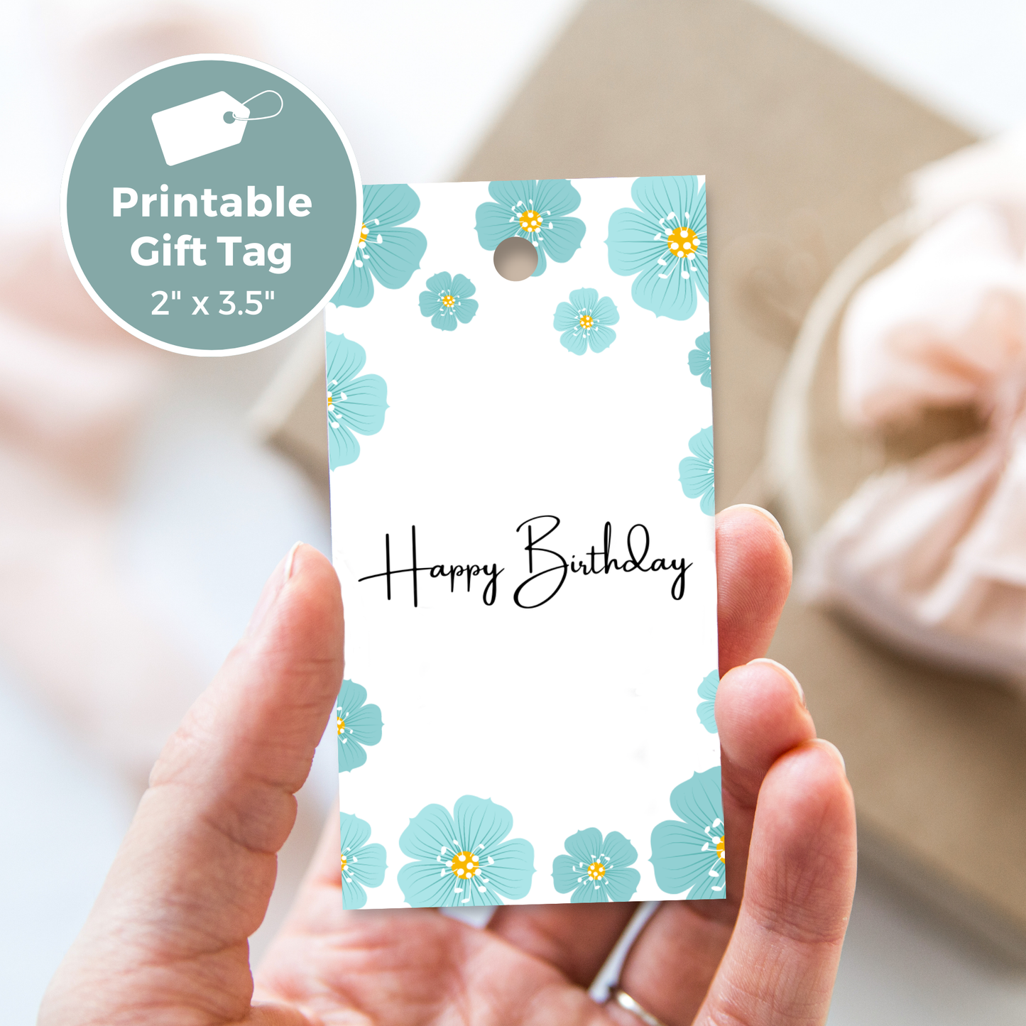 Printable Birthday Gift Tag - Blue Flowers