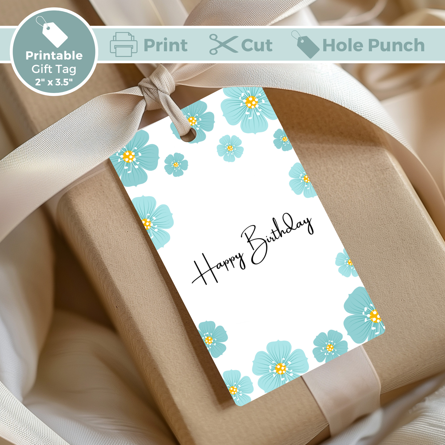 Printable Birthday Gift Tag - Blue Flowers