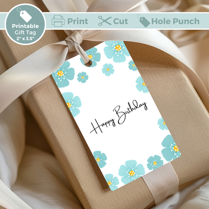 Printable Birthday Gift Tag - Blue Flowers
