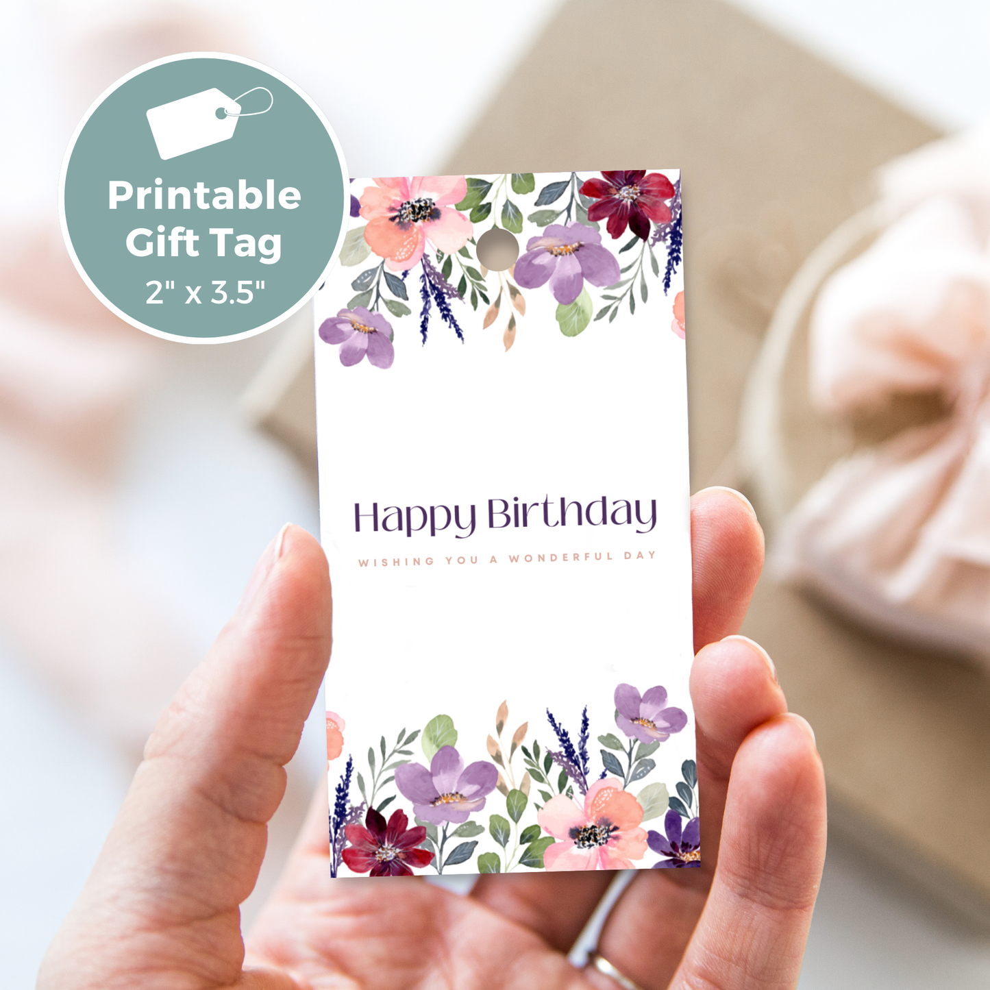 Printable Birthday Gift Tag - Purple Flowers