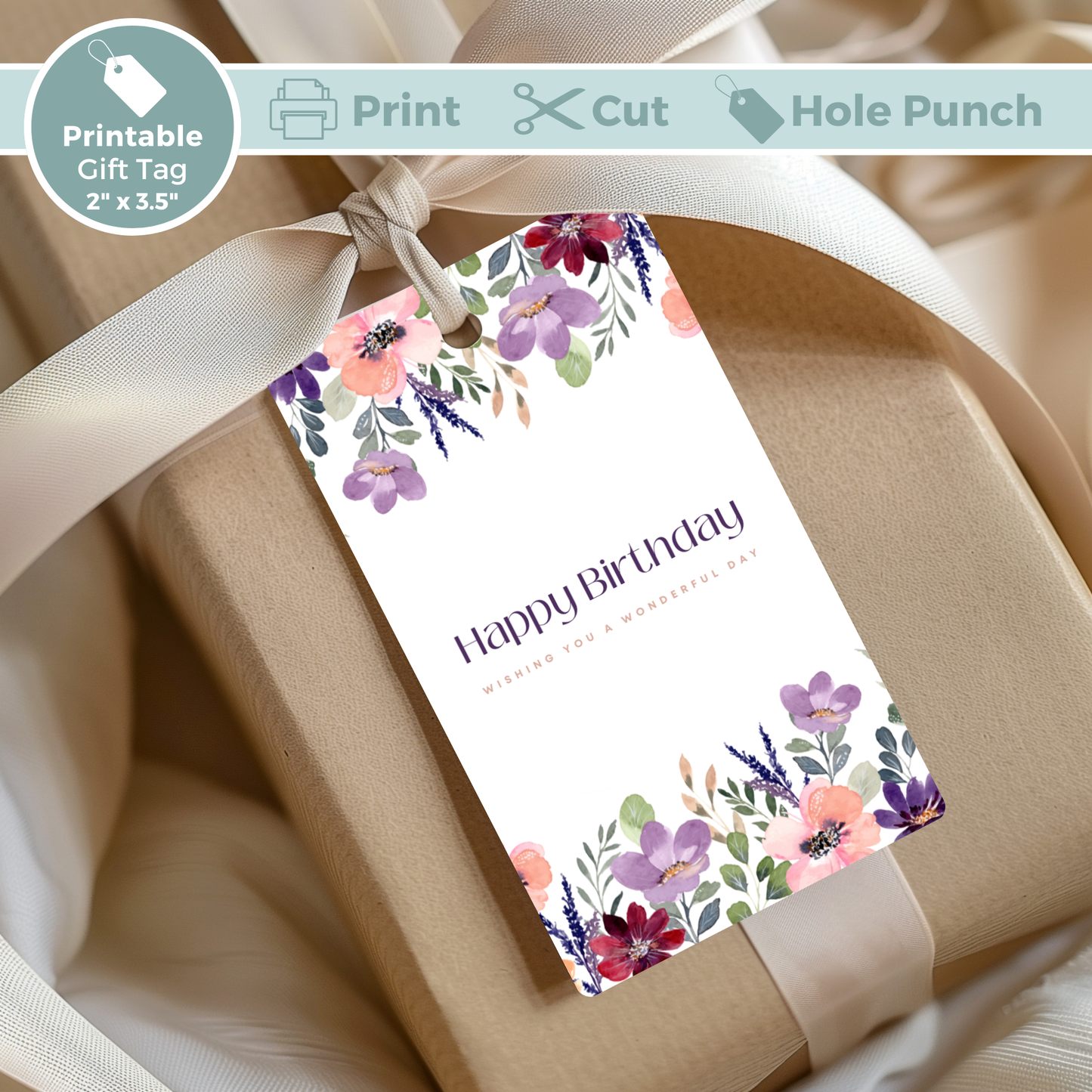 Printable Birthday Gift Tag - Purple Flowers