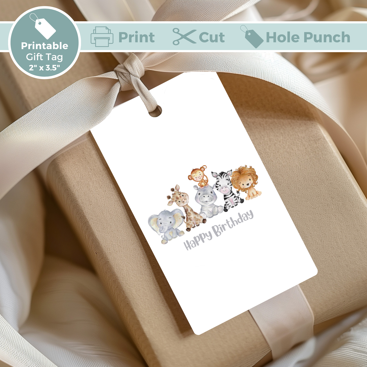 Printable Birthday Gift Tag - Safari Animals