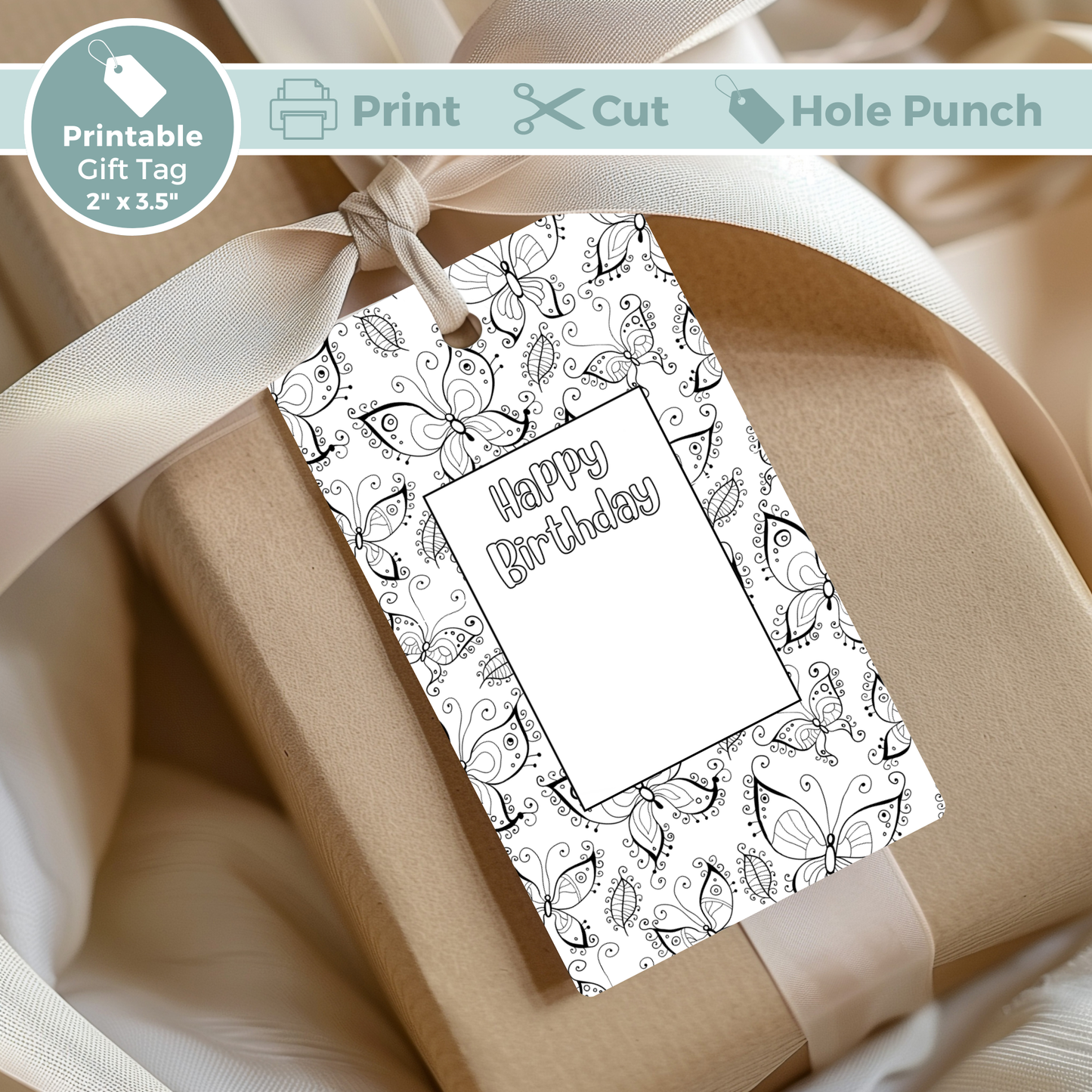 Printable Birthday Gift Tag - Colour In Butterfly