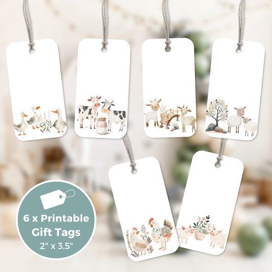 Printable Birthday Gift Tag Bundle - Watercolour Farm Animals