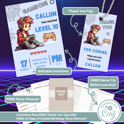 Editable Birthday Invitation and FREE Thank You Tag - Game On