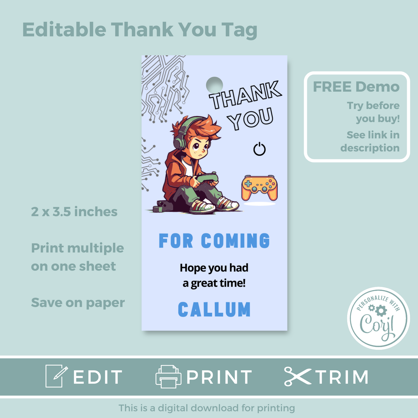 Editable Birthday Thank You Tag - Game On