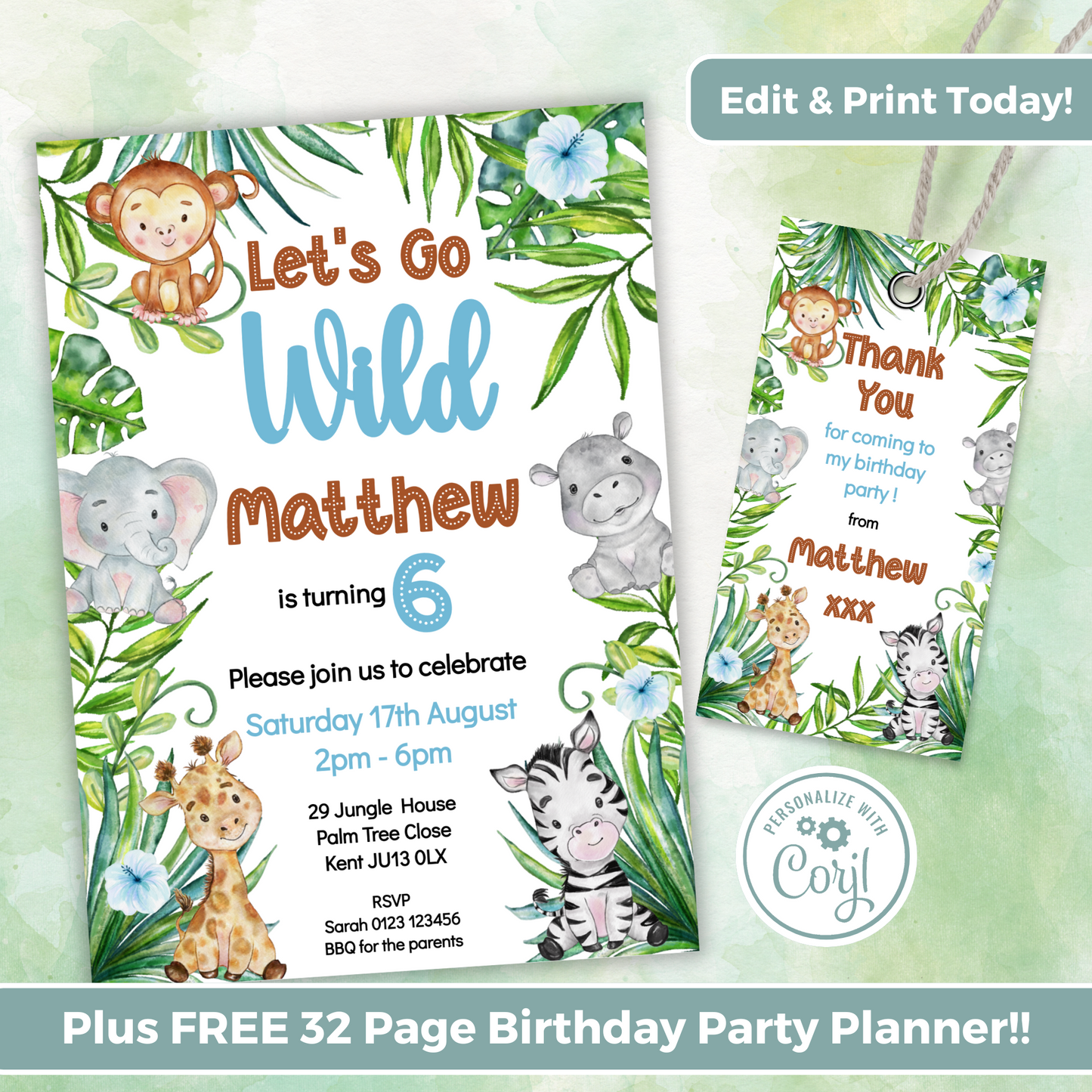 Editable Birthday Invitation and FREE Thank You Tag - Let's Go Wild