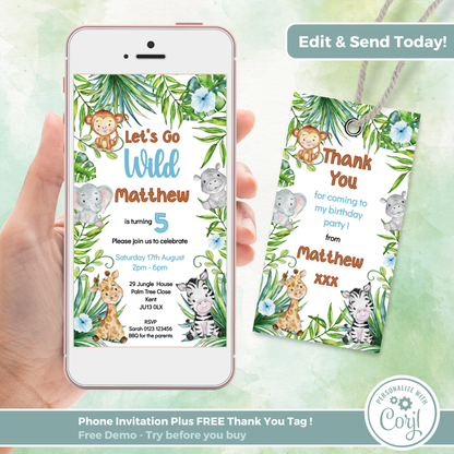 Editable Evite Birthday Invitation and FREE Thank You Tag - Let's Go Wild