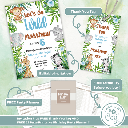 Editable Birthday Invitation and FREE Thank You Tag - Let's Go Wild