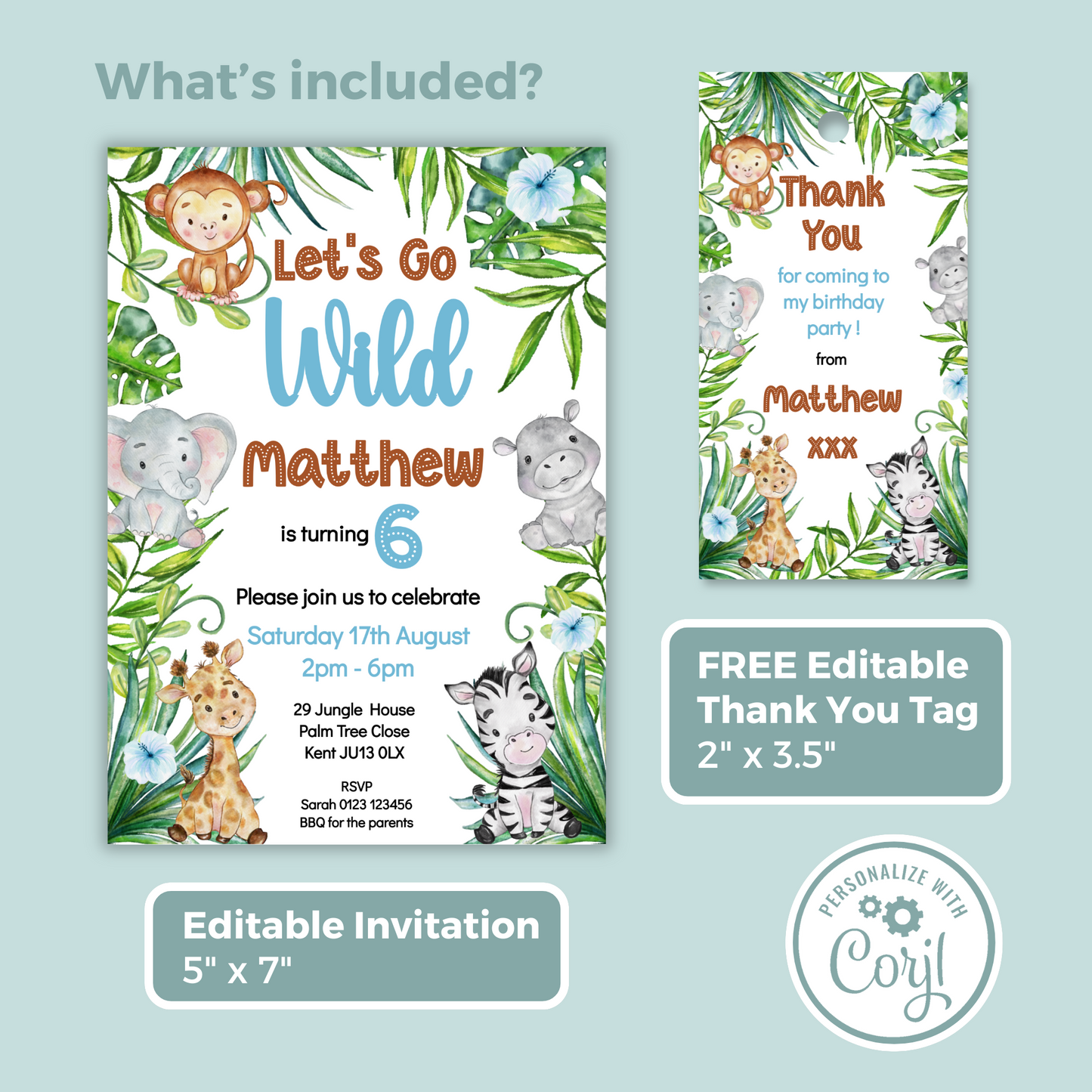 Editable Birthday Invitation and FREE Thank You Tag - Let's Go Wild