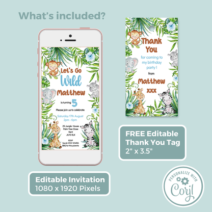 Editable Evite Birthday Invitation and FREE Thank You Tag - Let's Go Wild