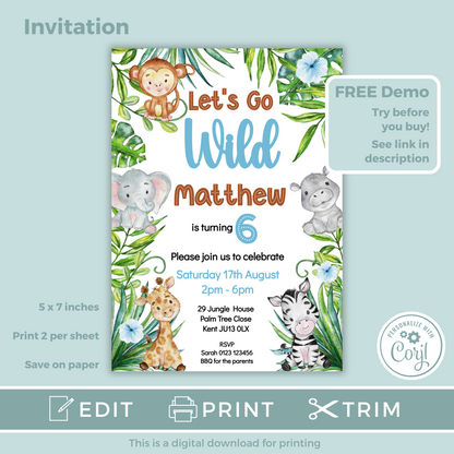 Editable Birthday Invitation and FREE Thank You Tag - Let's Go Wild
