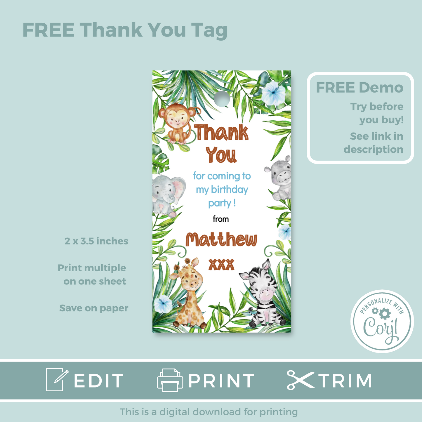 Editable Birthday Invitation and FREE Thank You Tag - Let's Go Wild