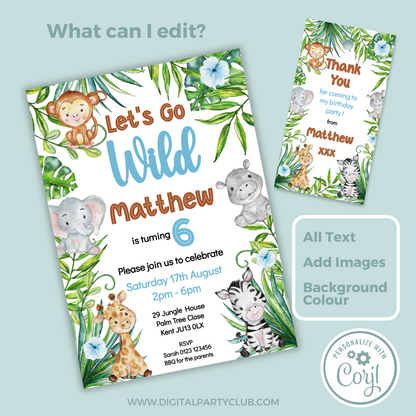 Editable Birthday Invitation and FREE Thank You Tag - Let's Go Wild