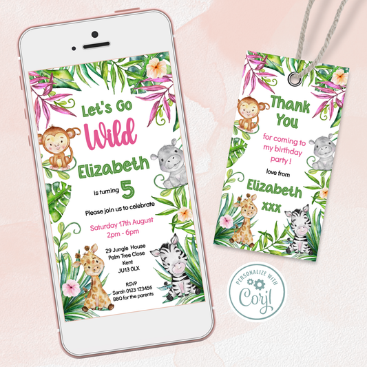 Editable Evite Birthday Invitation and FREE Thank You Tag - Let's Go Wild