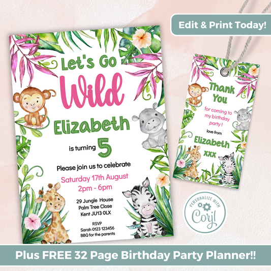 Editable Birthday Invitation and FREE Thank You Tag - Let's Go Wild